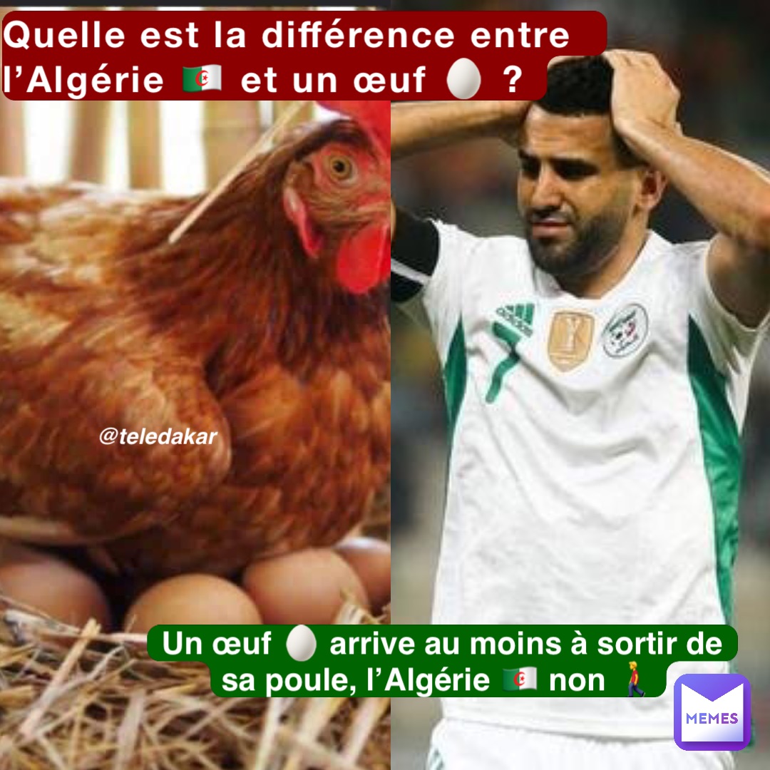 Quelle est la différence entre l’Algérie 🇩🇿 et un œuf 🥚 ? Un œuf 🥚 arrive au moins à sortir de sa poule, l’Algérie 🇩🇿 non 🚶‍♂️ @teledakar