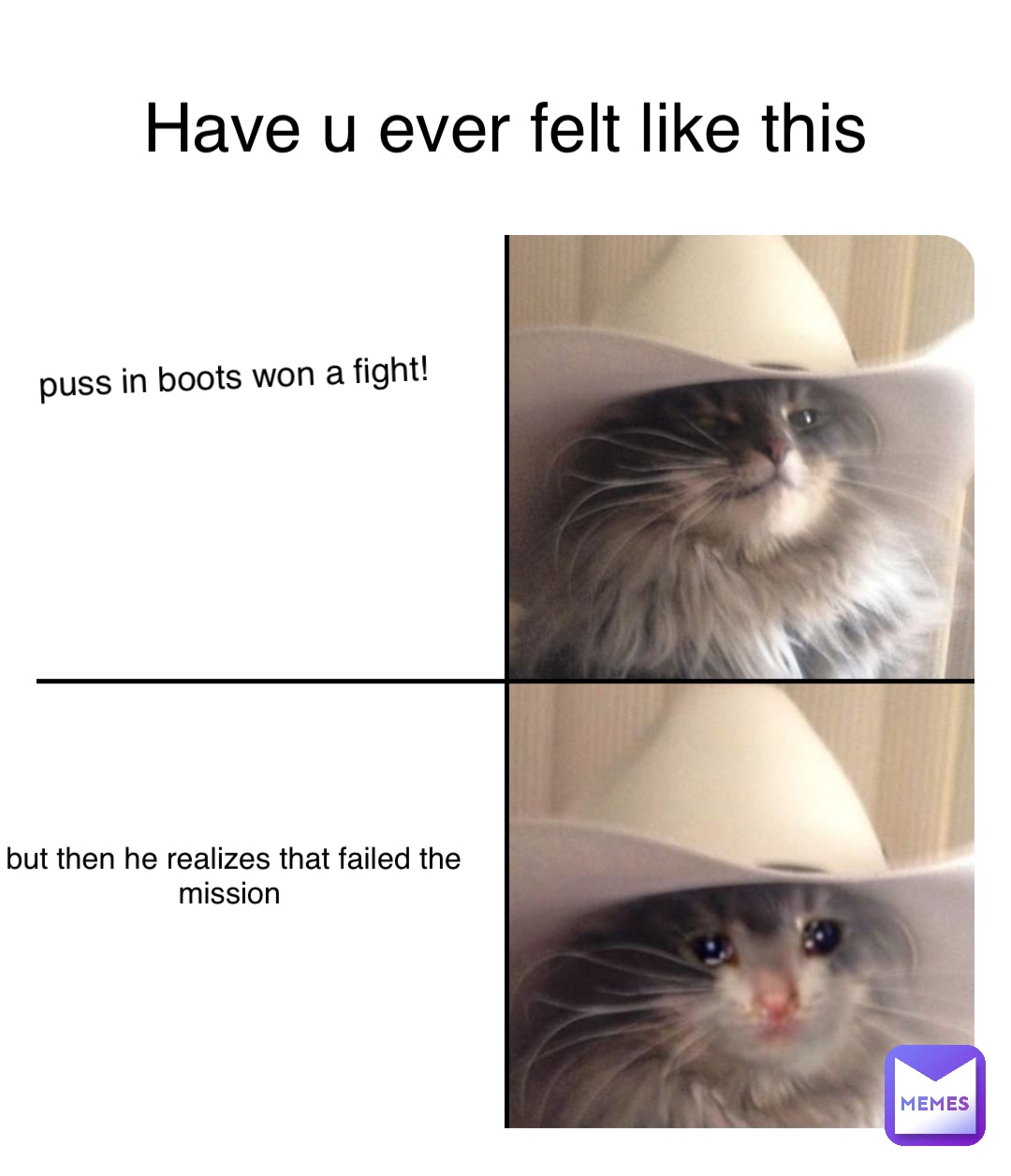 puss in boots won a fight! but then he realizes that failed the mission Have u ever felt like this