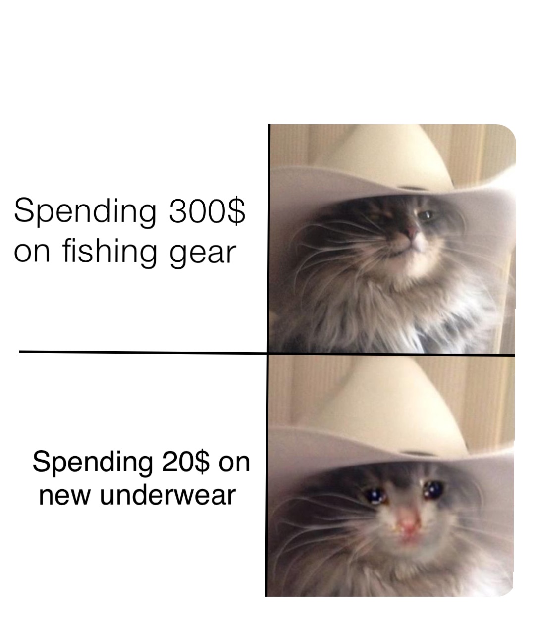 Spending 300$ on fishing gear Spending 20$ on new underwear