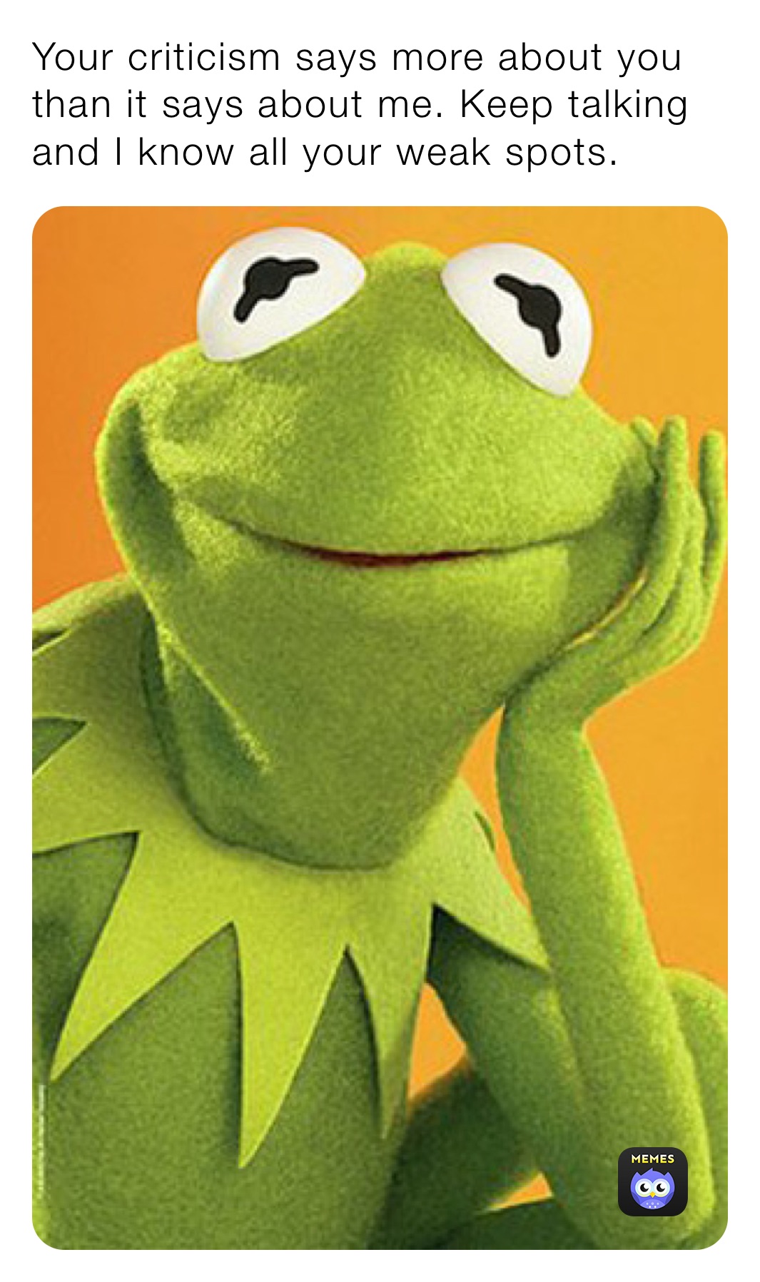Your criticism says more about you than it says about me. Keep talking and I know all your weak spots. 