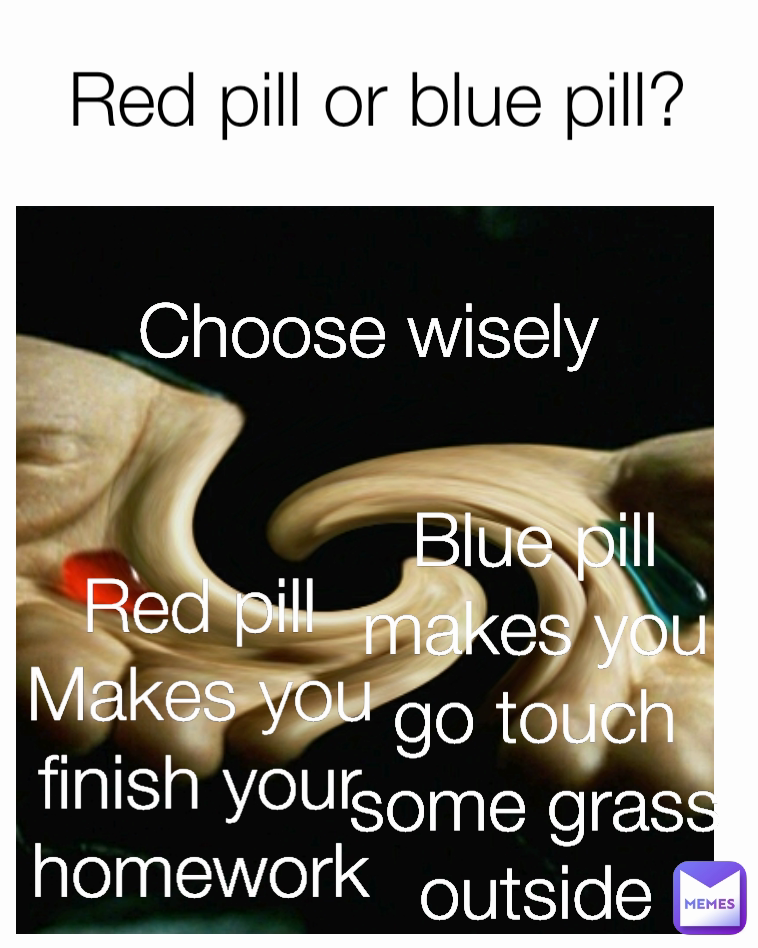 Choose wisely Blue pill makes you go touch some grass outside Red pill or blue pill? Red pill Makes you finish your homework