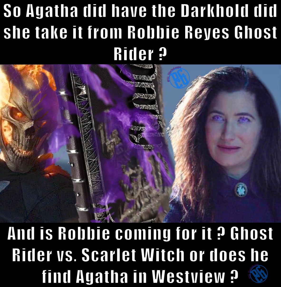 So Agatha did have the Darkhold did she take it from Robbie Reyes Ghost Rider ?  And is Robbie coming for it ? Ghost Rider vs. Scarlet Witch or does he find Agatha in Westview ? 