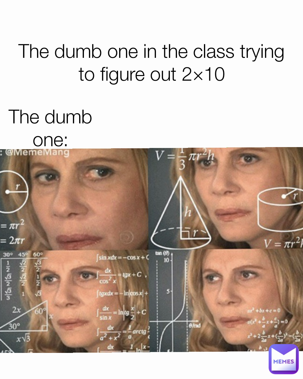 The dumb one: The dumb one in the class trying to figure out 2×10