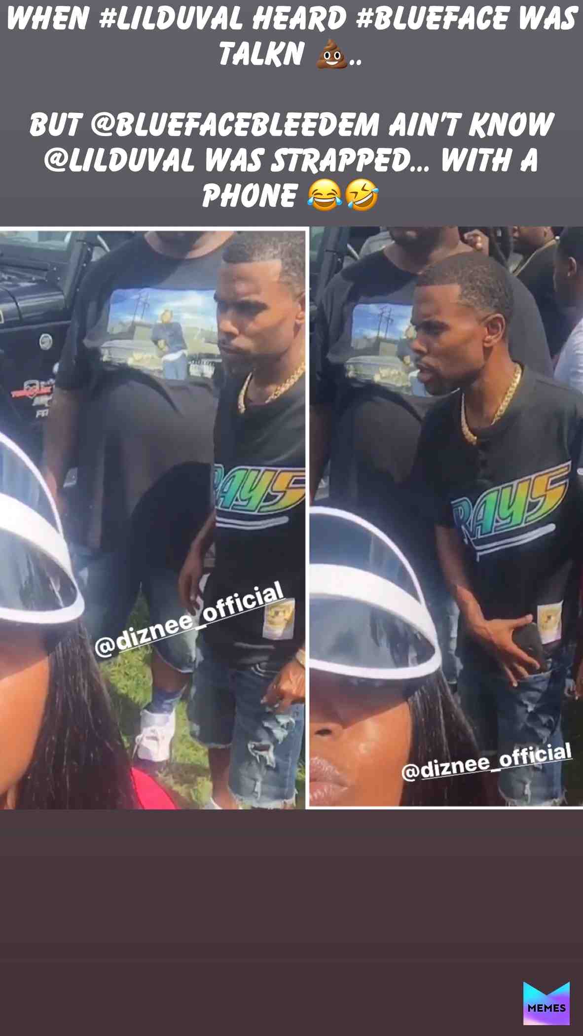 When #lilduval heard #blueface was talkn \ud83d\udca9..
But @bluefacebleedem ain\u2019t know @lilduval was strapped... With a phone \ud83d\ude02\ud83e\udd23
#Diznee #Comedian #LivingMyBestLife #Duuuval