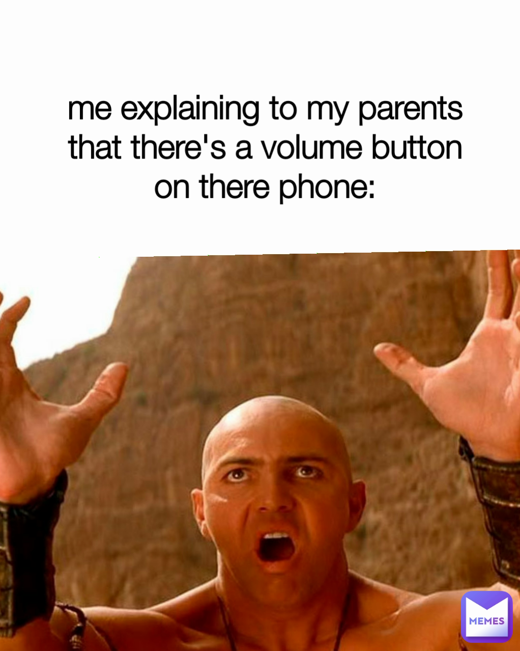 me explaining to my parents that there's a volume button on there phone: Type Text