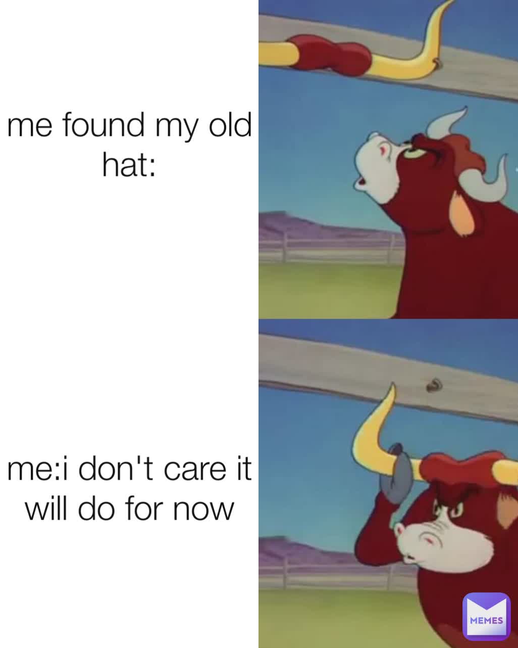 me found my old hat:
 me:i don't care it will do for now