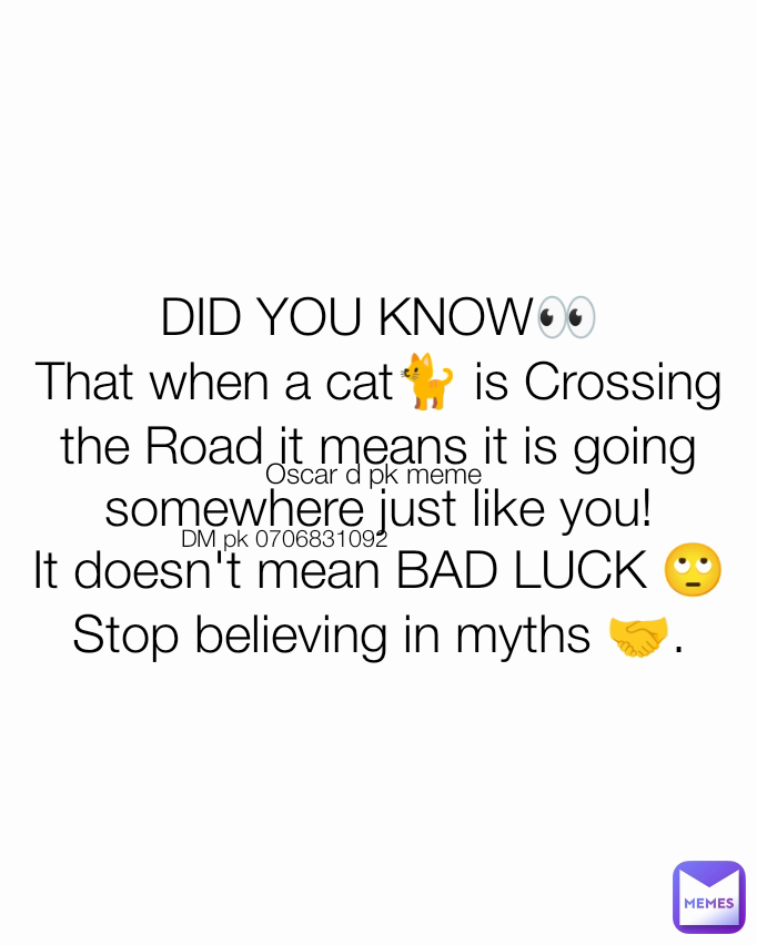 DID YOU KNOW👀
That when a cat🐈 is Crossing the Road it means it is going somewhere just like you!
It doesn't mean BAD LUCK 🙄 Stop believing in myths 🤝. DM pk 0706831092 Oscar d pk meme 