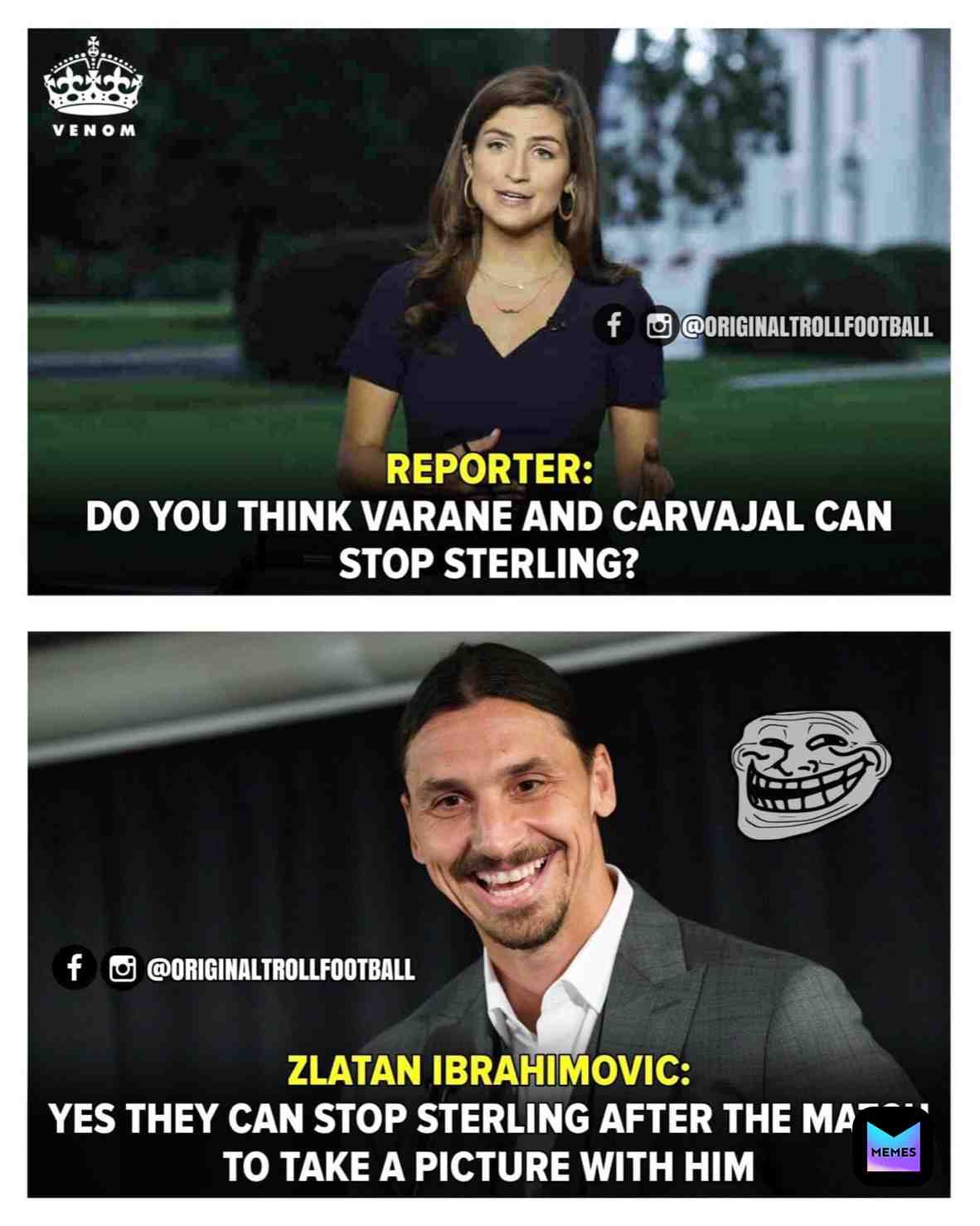 Just Zlatan being Zlatan 😂 PS from OriginalFootballTroll on Insta #football #soccer #zlatan #memes #meme #mancity #realmadrid