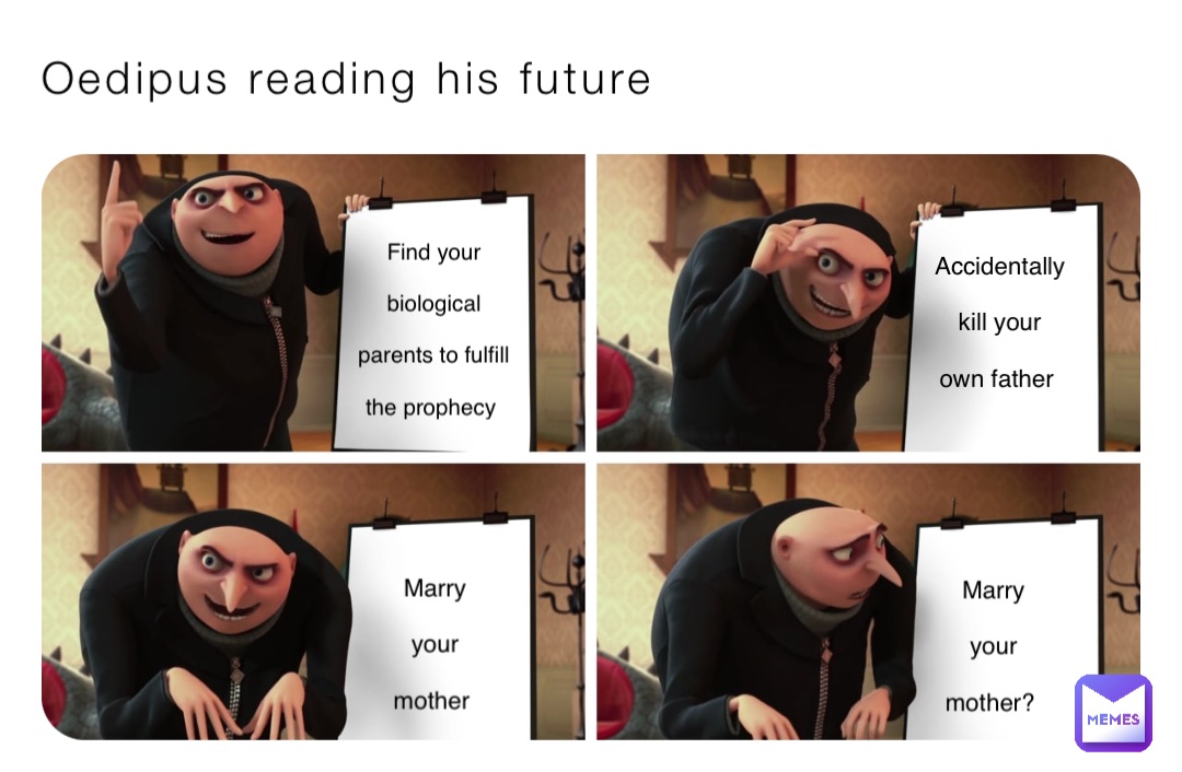 Oedipus reading his future Find your 

biological 

parents to fulfill 

the prophecy Accidentally 

kill your 

own father Marry 

your 

mother Marry 

your 

mother?