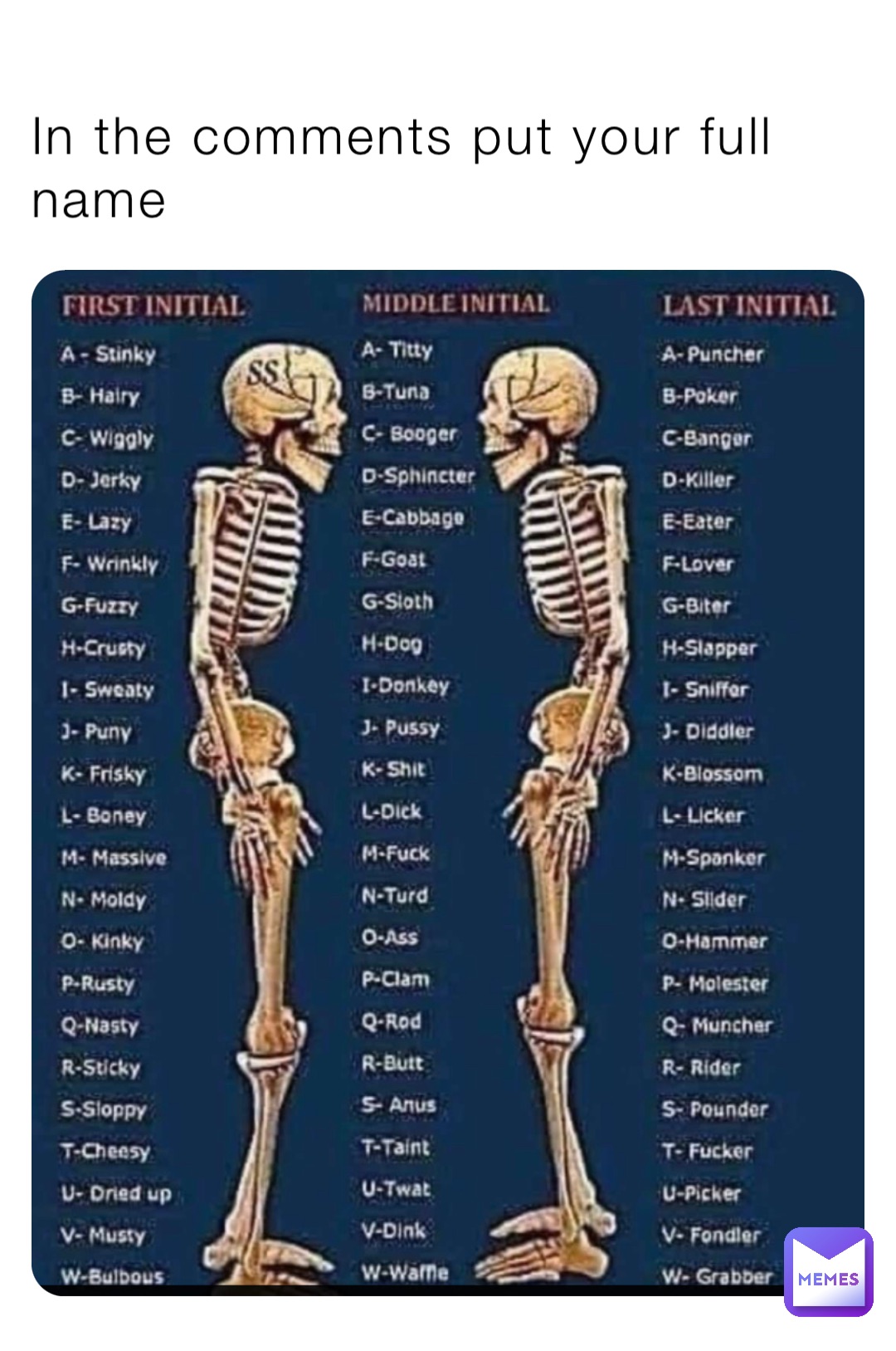 In the comments put your full name
