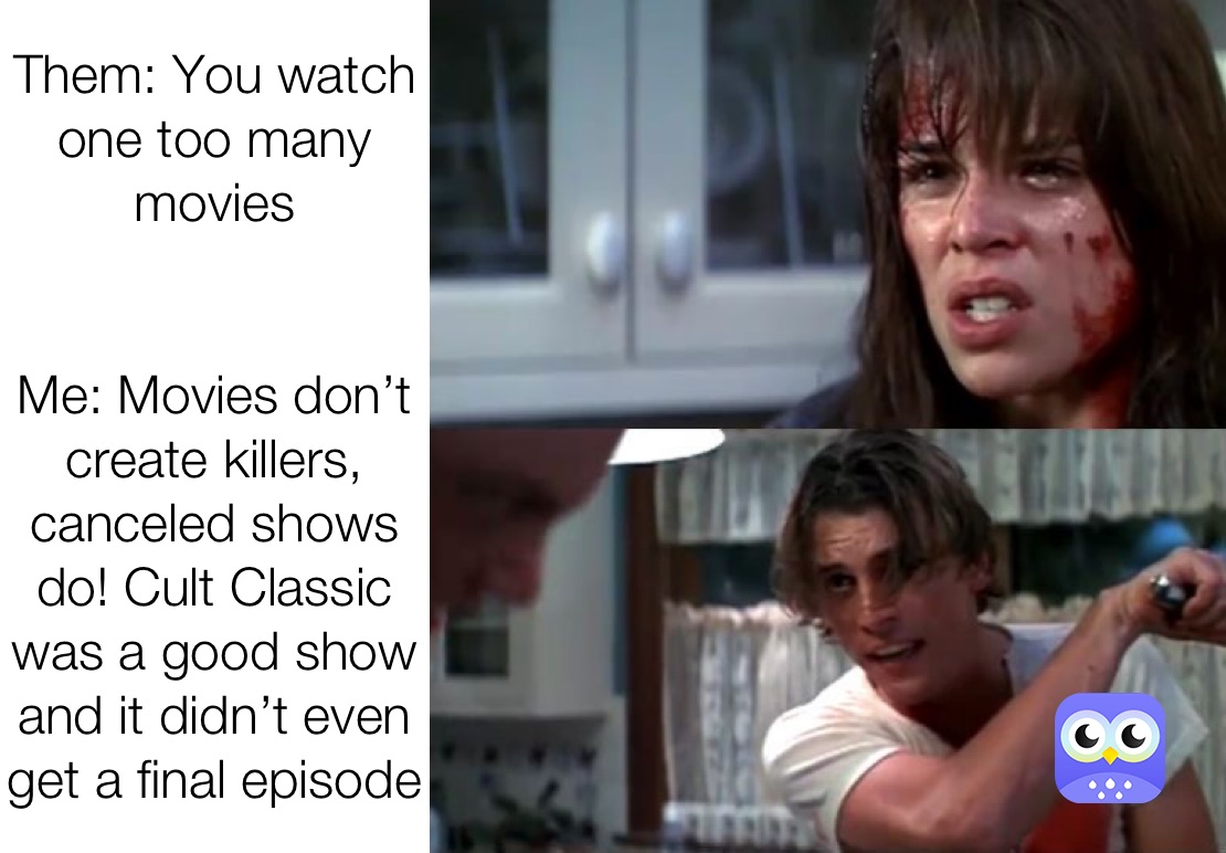 Them: You watch one too many movies


Me: Movies don’t create killers, canceled shows do! Cult Classic was a good show and it didn’t even get a final episode 