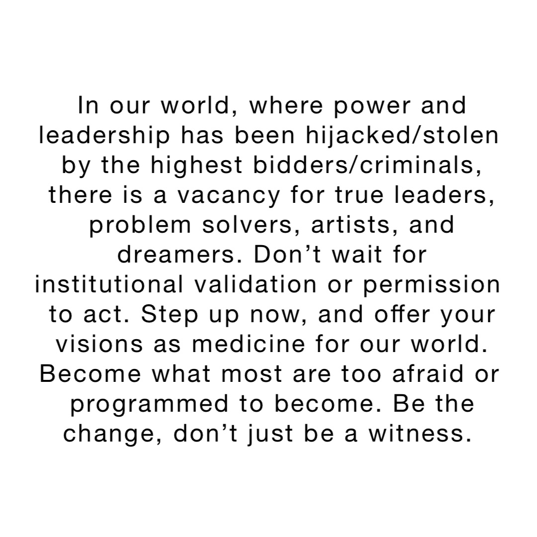 In our world, where power and leadership has been hijacked/stolen by the highest bidders/criminals, there is a vacancy for true leaders, problem solvers, artists, and dreamers. Don’t wait for institutional validation or permission to act. Step up now, and offer your visions as medicine for our world. Become what most are too afraid or programmed to become. Be the change, don’t just be a witness.