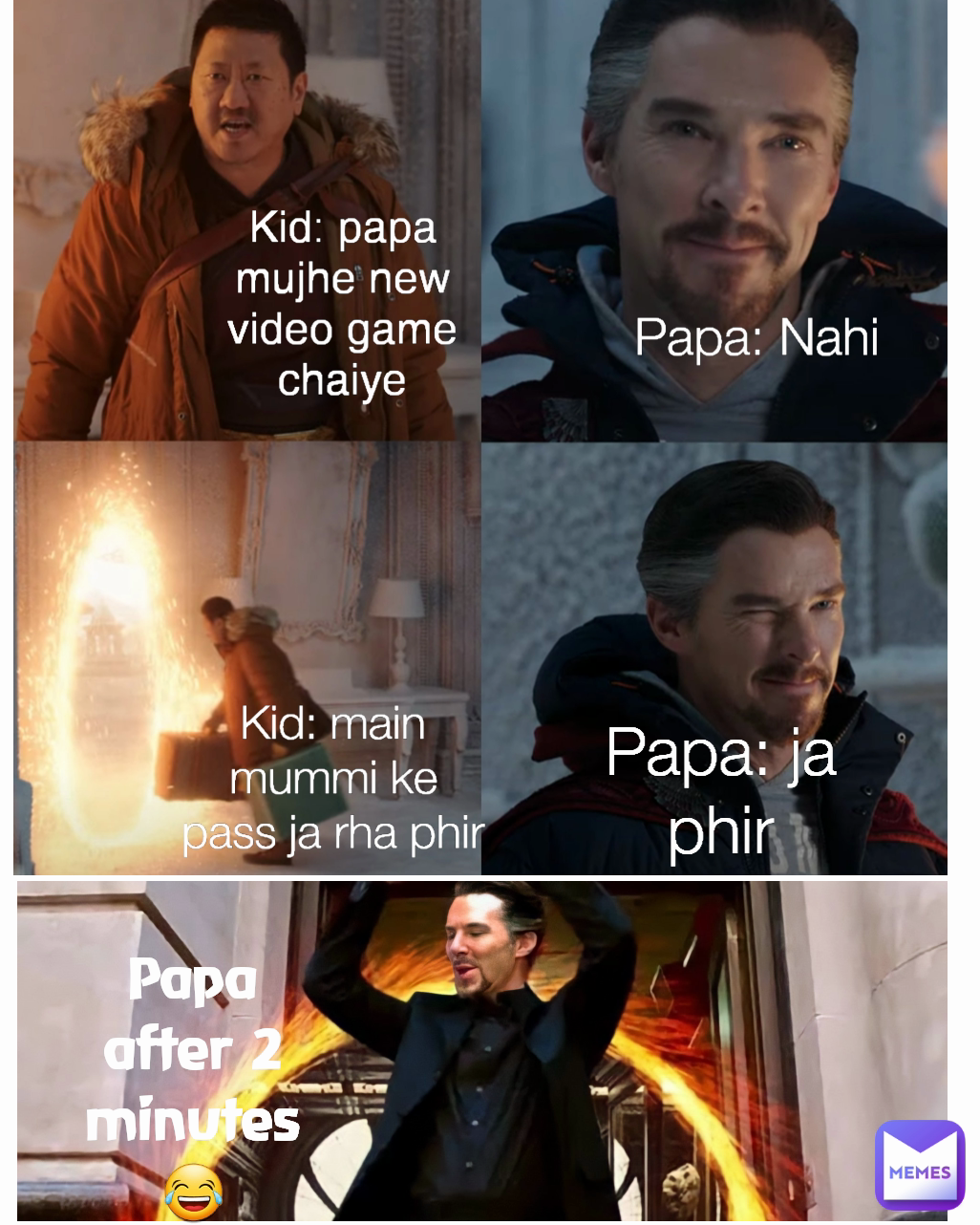 Kid: main mummi ke pass ja rha phir Papa after 2 minutes😂 Kid: papa mujhe new video game chaiye Papa: Nahi Papa: ja phir