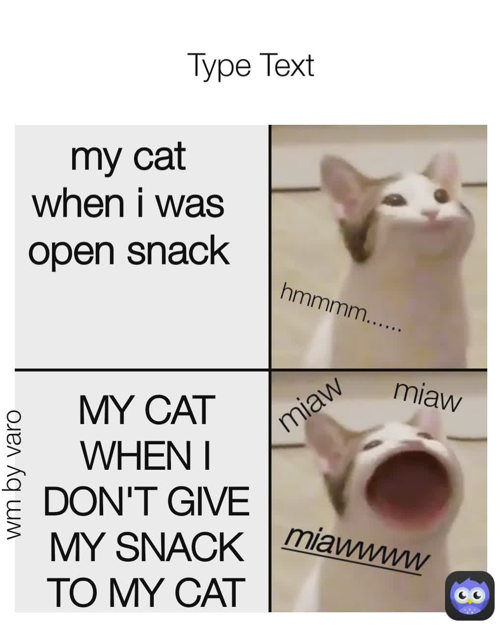 hmmmm...... miaw wm by varo miaw Type Text miawwww my cat when i was open snack MY CAT WHEN I DON'T GIVE MY SNACK  TO MY CAT