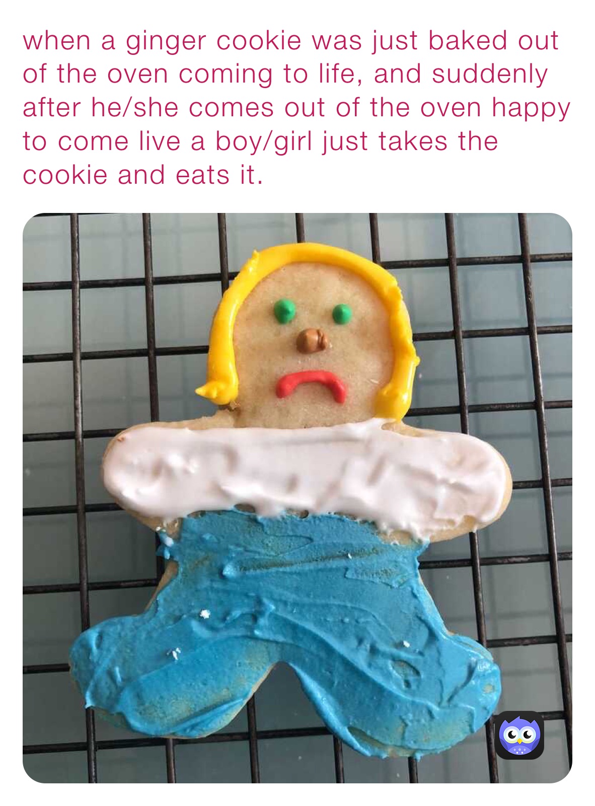 when a ginger cookie was just baked out of the oven coming to life, and suddenly after he/she comes out of the oven happy to come live a boy/girl just takes the cookie and eats it.