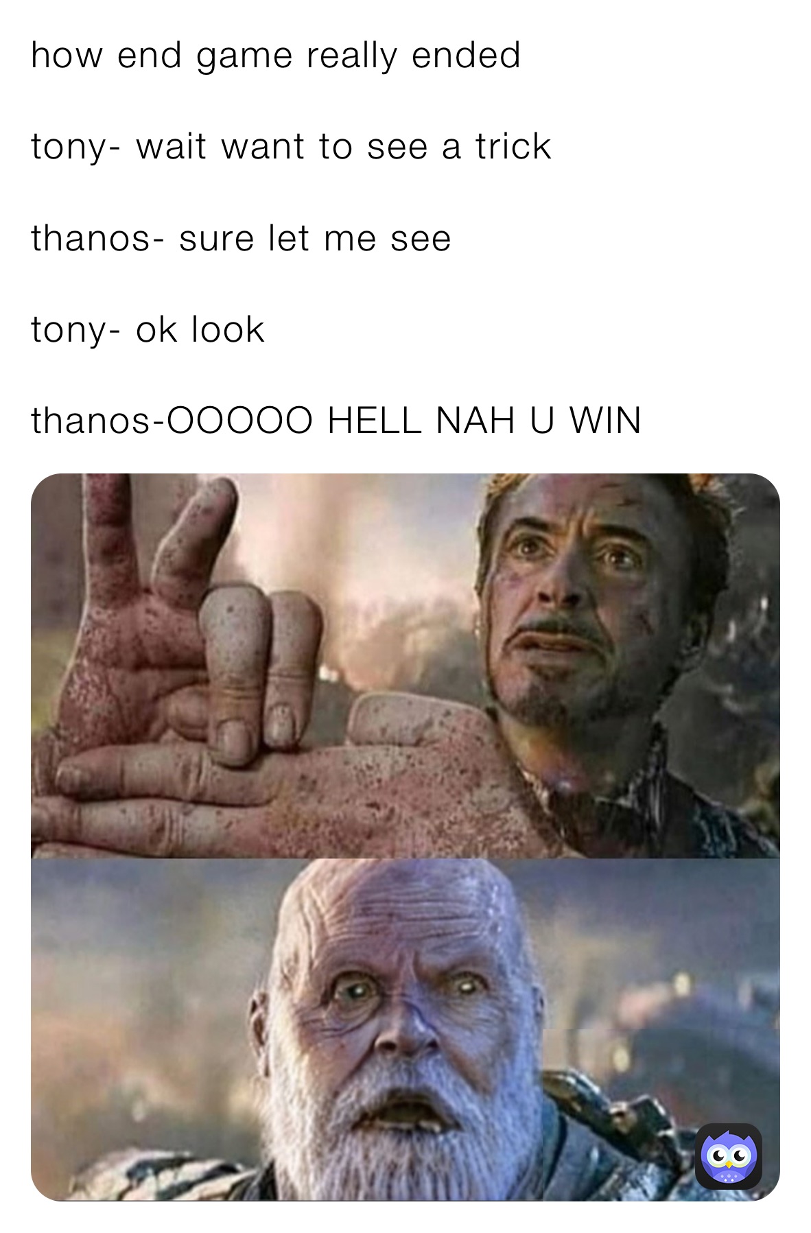 how end game really ended

tony- wait want to see a trick

thanos- sure let me see

tony- ok look 

thanos-OOOOO HELL NAH U WIN 