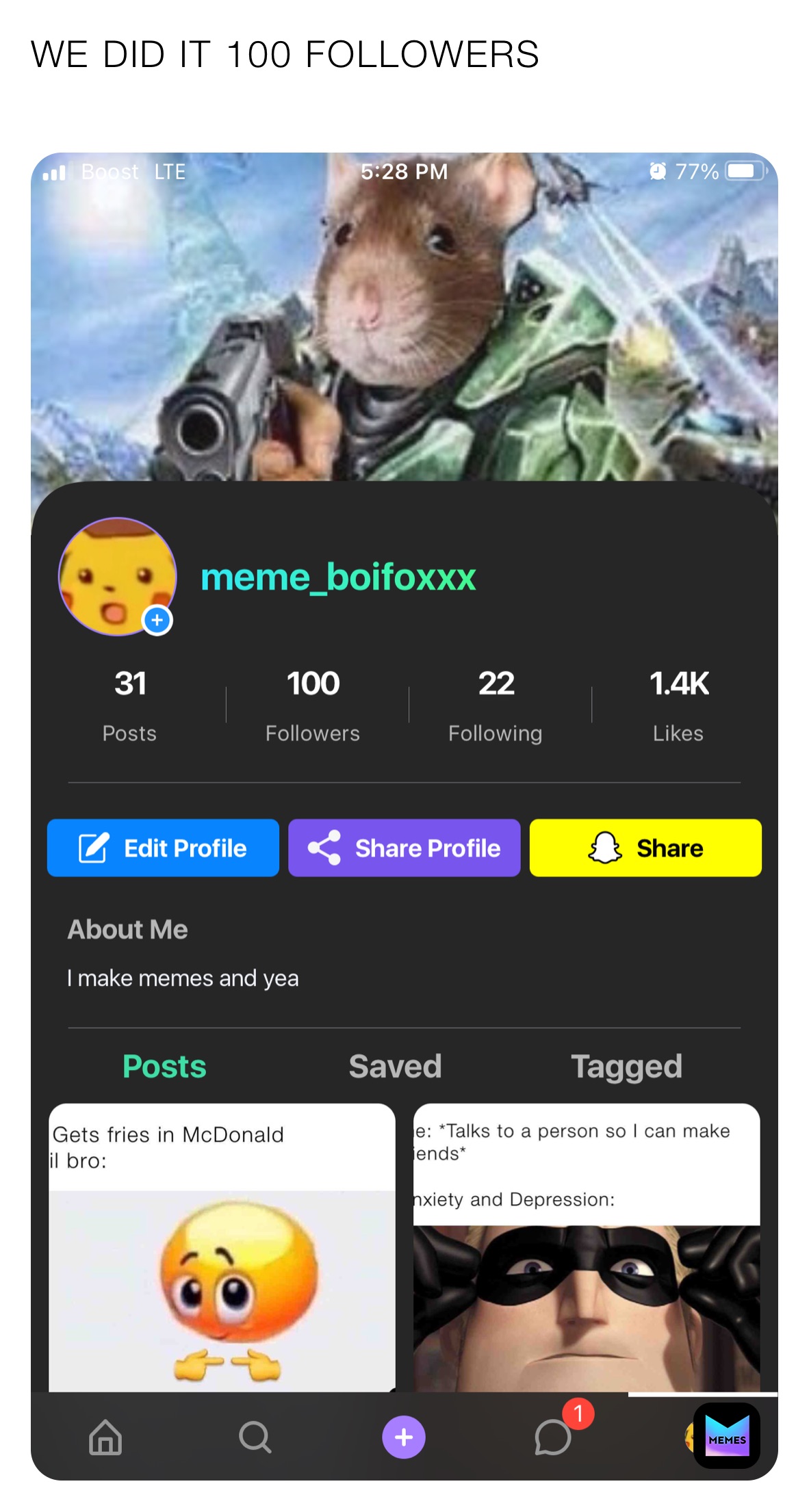 WE DID IT 100 FOLLOWERS
