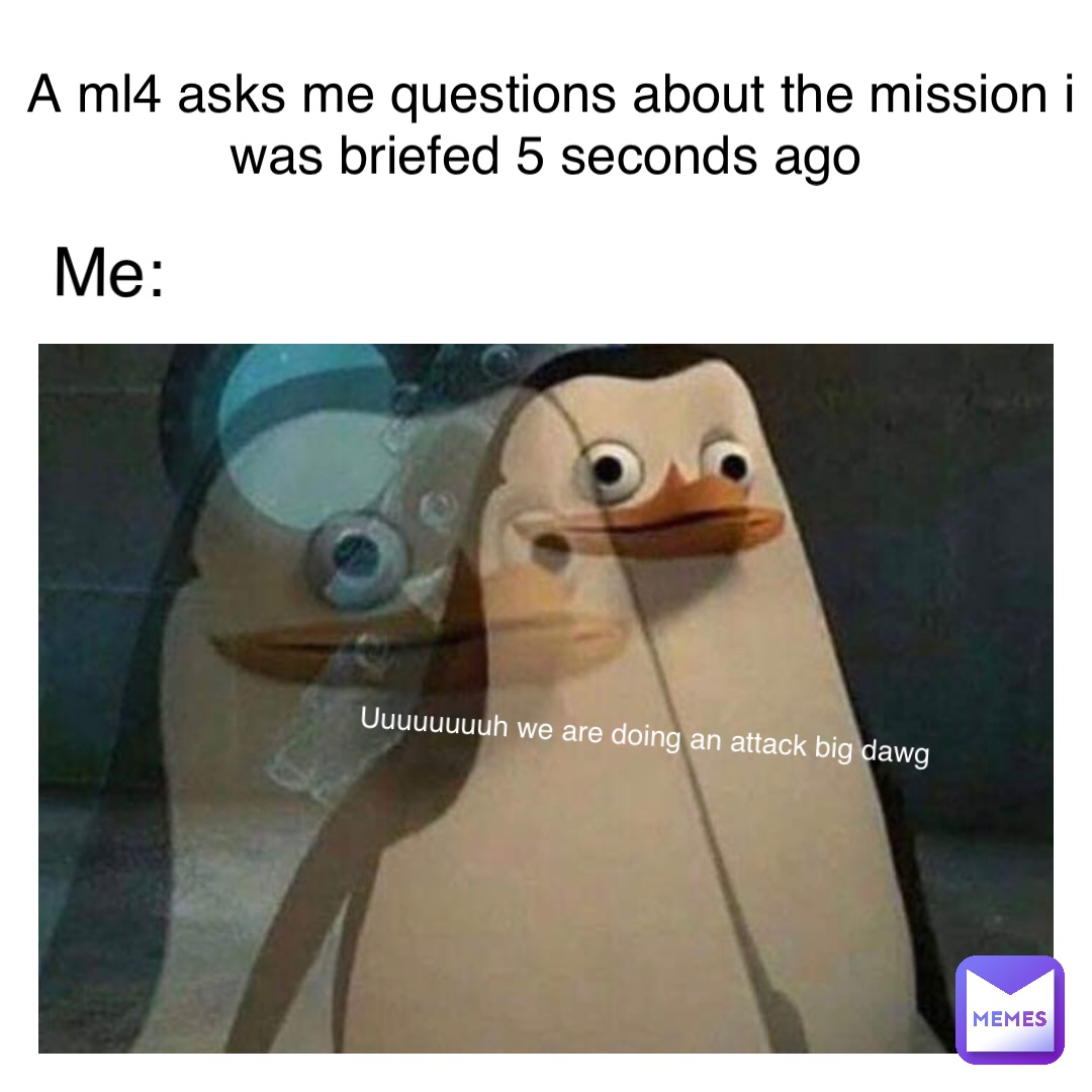 Text Here A ML4 asks me questions about the mission I was briefed 5 seconds ago Me: Uuuuuuuuh we are doing an attack big dawg