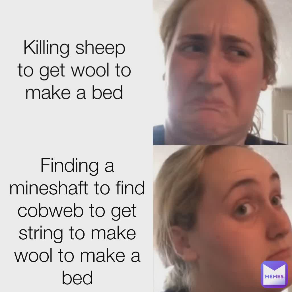 Type Text Finding a mineshaft to find cobweb to get string to make wool to make a bed Killing sheep to get wool to make a bed