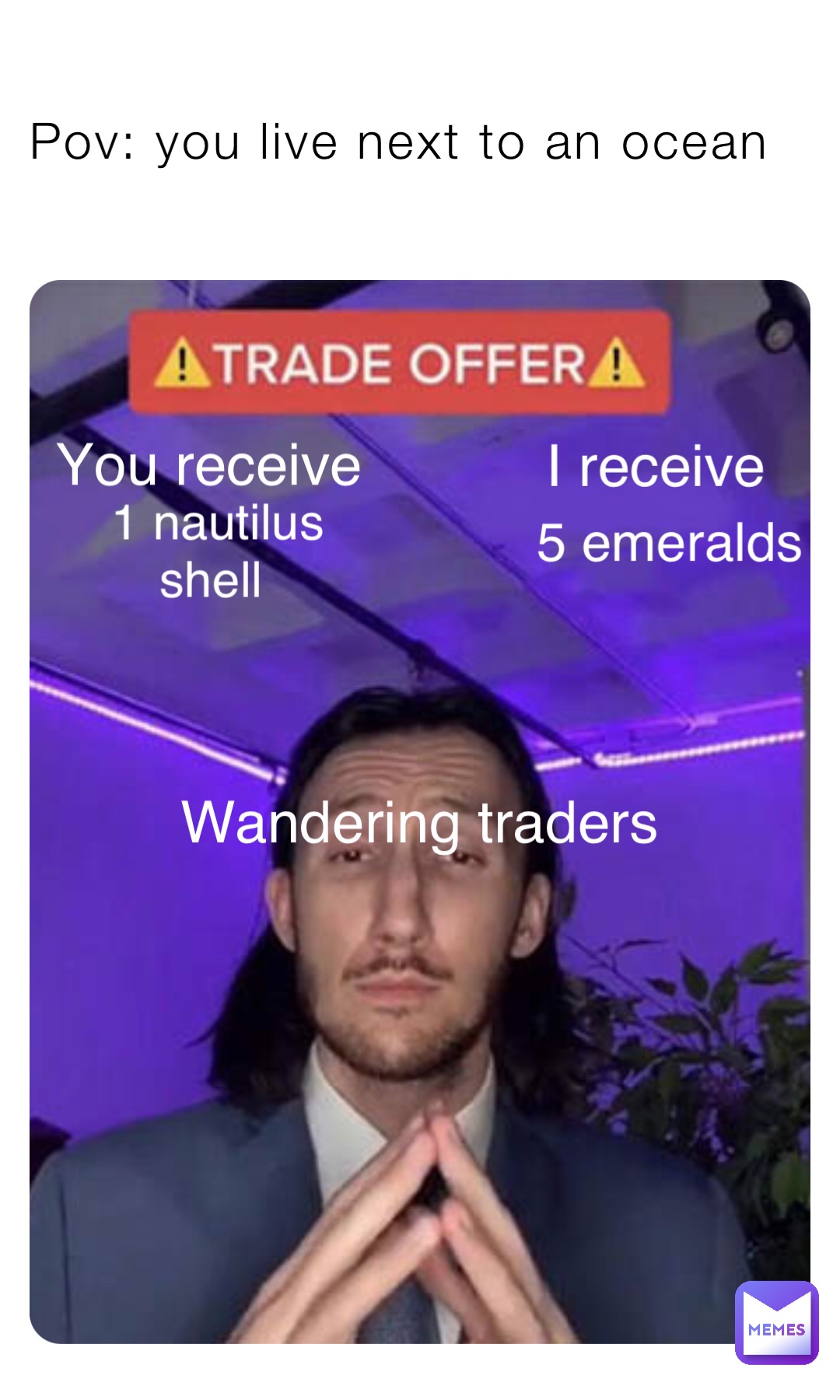 Pov: you live next to an ocean You receive I receive 5 emeralds 1 nautilus shell Wandering traders