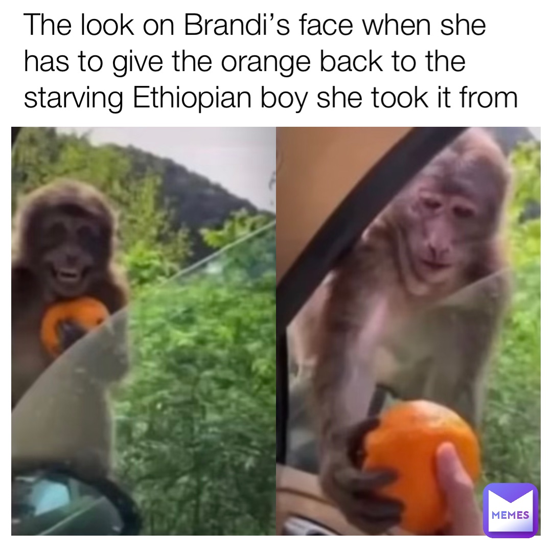 The look on Brandi’s face when she has to give the orange back to the starving Ethiopian boy she took it from