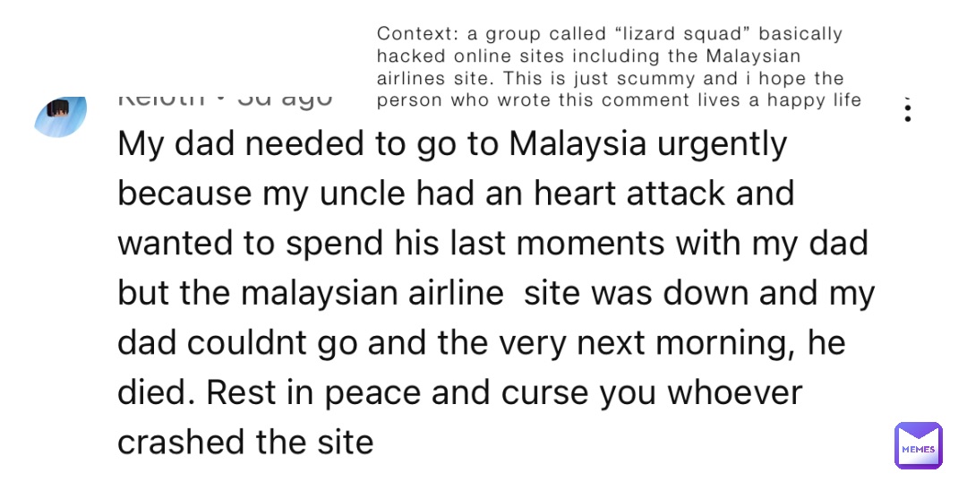 Context: a group called “lizard squad” basically hacked online sites including the Malaysian airlines site. This is just scummy and i hope the person who wrote this comment lives a happy life