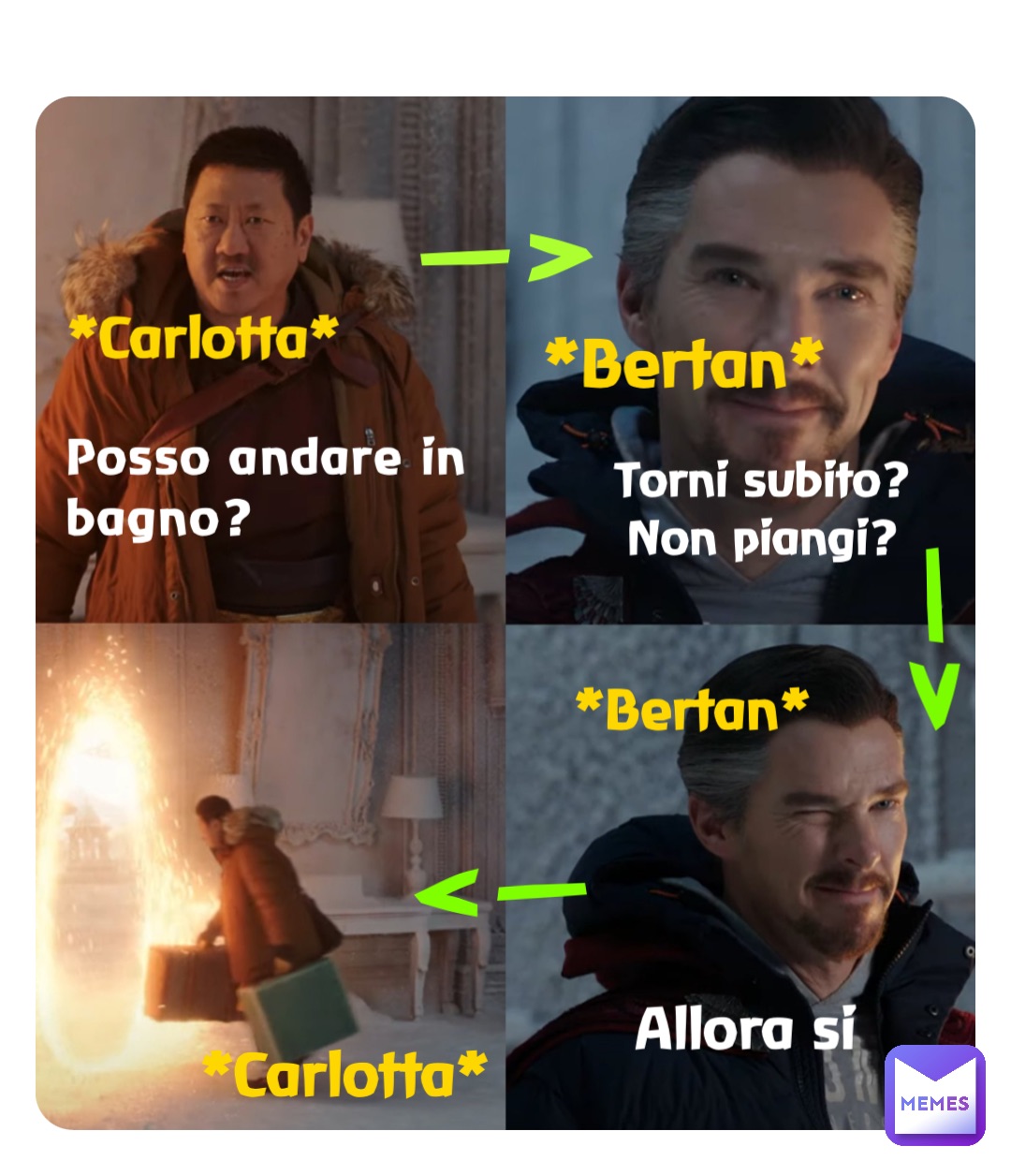 Posso andare in bagno? Torni subito? Non piangi? Allora si *Carlotta* *Bertan* *Carlotta* *Bertan* —> —> —>