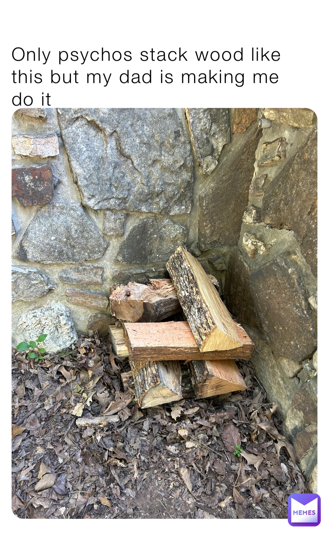 Only psychos stack wood like this but my dad is making me do it