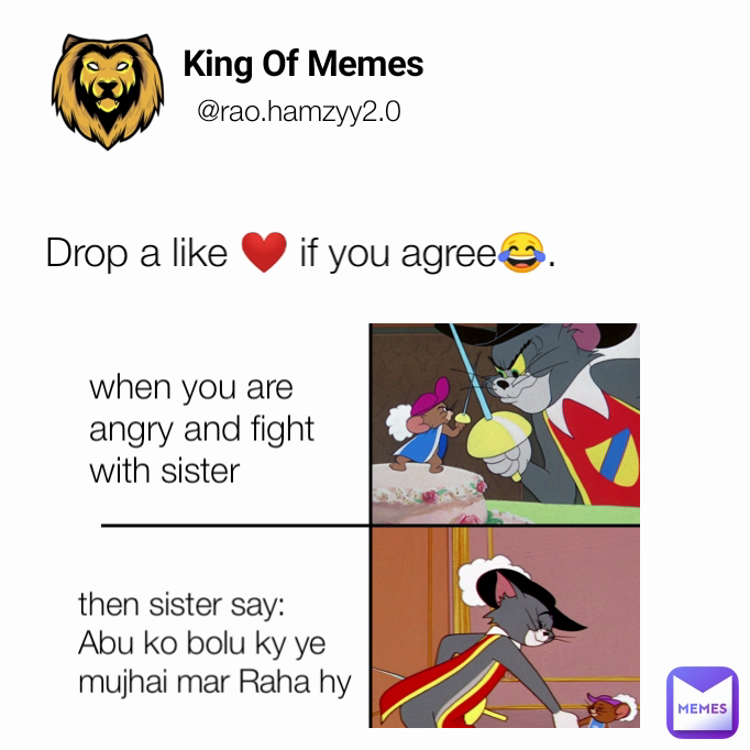 Drop a like ❤️ if you agree😂. King Of Memes  when you are angry and fight with sister  then sister say: Abu ko bolu ky ye mujhai mar Raha hy @rao.hamzyy2.0