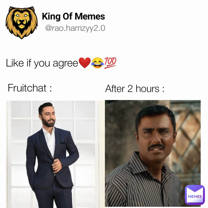 Fruitchat : King Of Memes  Like if you agree❤️😂💯 @rao.hamzyy2.0 After 2 hours :