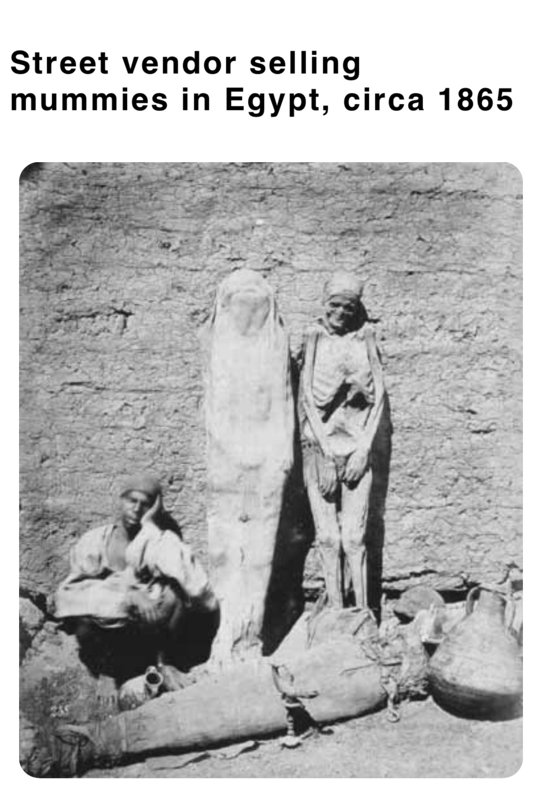 Street vendor selling mummies in Egypt, circa 1865