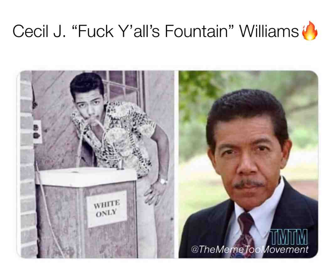 Cecil J. Williams born November 26, 1937 raised in Orangeburg, South Carolina. He is best known as an American photographer, publisher, author and inventor best known for his photography documenting the civil rights movement in South Carolina beginning in the 1950s.
-
Cecil photographed the activities of the Briggs vs. Elliot case which was the first of the five desegregation cases that combined into the history changing Brown vs. Board of Education Supreme Court Case of 1954. That case proved the unconstitutionality of \u201cSeparate But Equal\u201d public schools for whites and blacks.
-
After Thurgood Marshall won that case, Cecil encouraged people to challenge the new ruling. In this particular instance, he took it upon himself to drink from the \u201cWhites Only\u201d water fountain. His \u201cF&@$ you! I\u2019m Black, Human And Deserve Equal Rights Just Like You\u201d game gave zero f&@ks about anyone\u2019s racist ideologies!
-
Peace to this God King. \ud83e\udd34\ud83c\udffe\ud83d\udc51
\u200bBlackhistorymonth