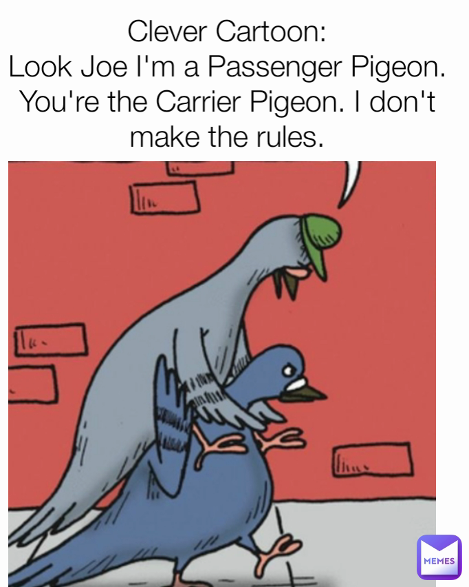 Clever Cartoon: Look Joe I'm a Passenger Pigeon. You're the Carrier Pigeon.  I don't make the rules. | @Curmudgeon | Memes