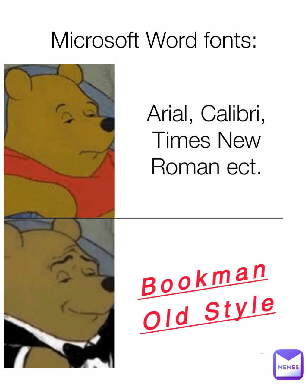 Arial, Calibri, Times New Roman ect. Bookman Old Style Microsoft Word fonts: