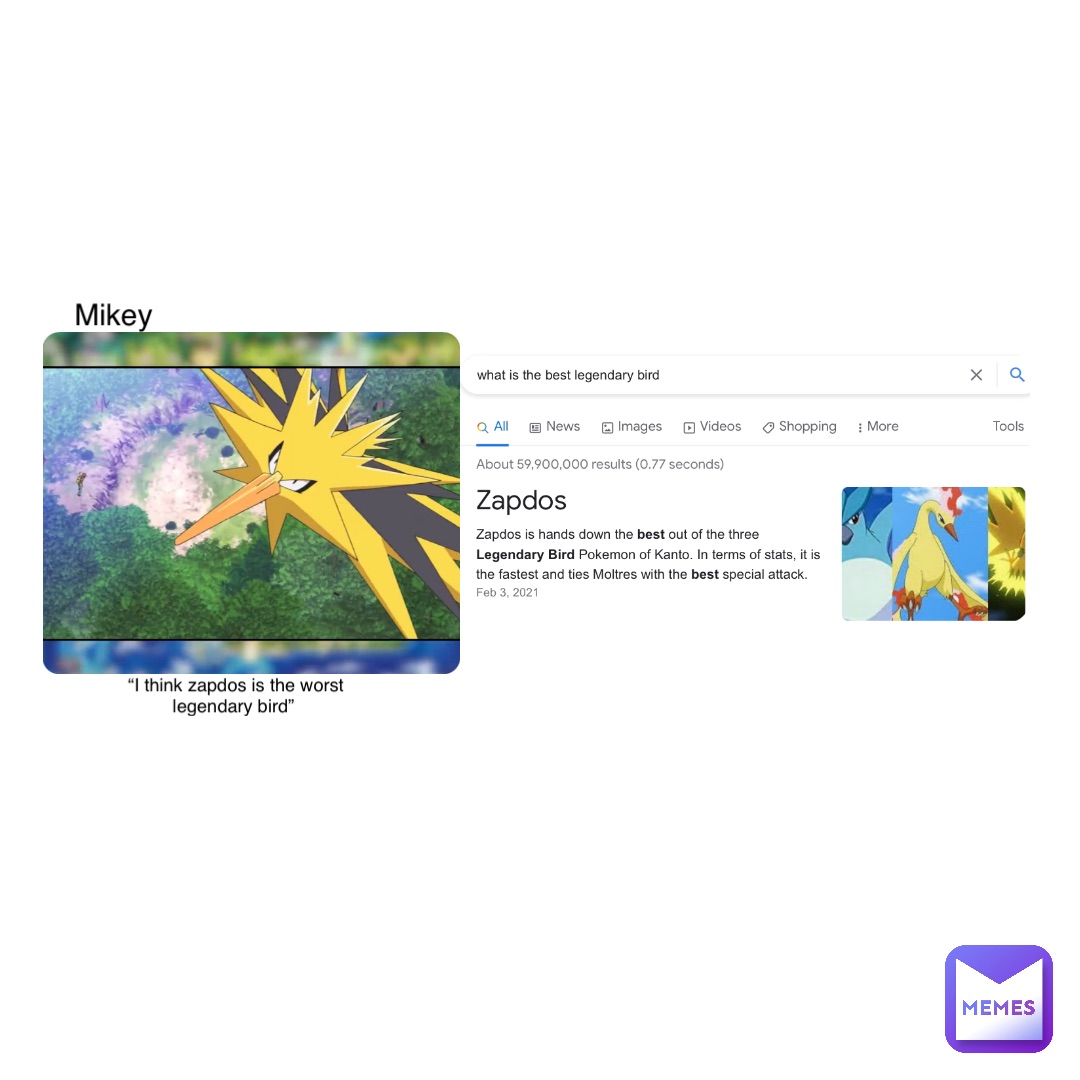 Double tap to edit “I think zapdos is the worst legendary bird” Mikey