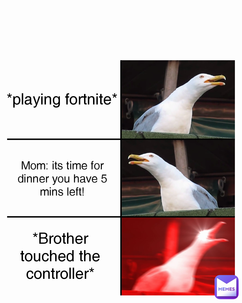 *Brother touched the controller* Mom: its time for dinner you have 5 mins left! *playing fortnite*