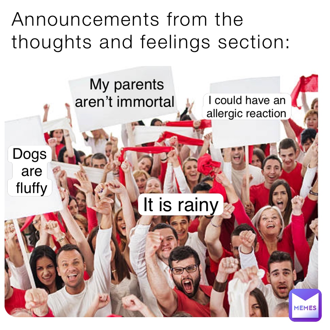 Announcements from the thoughts and feelings section: My parents aren’t immortal I could have an allergic reaction It is rainy Dogs
 are
 fluffy