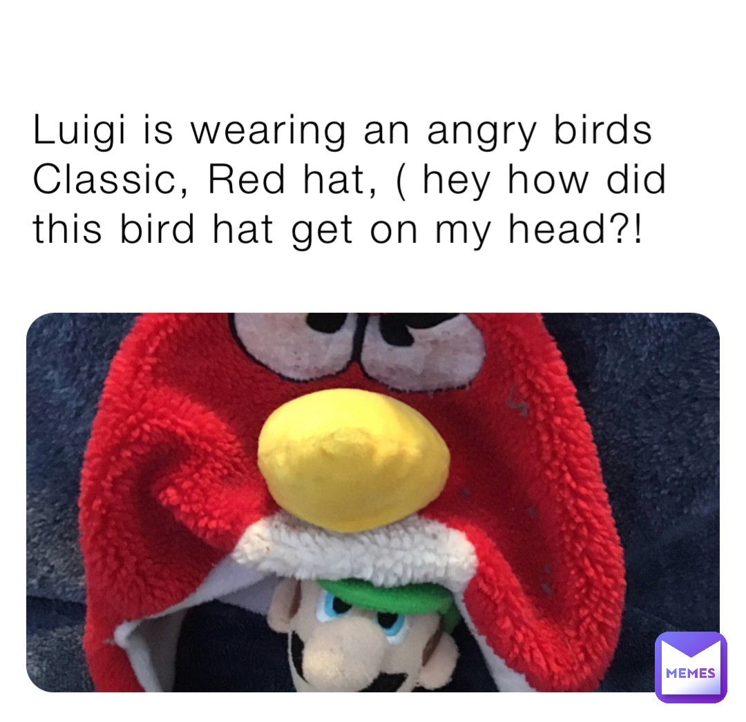 Luigi is wearing an angry birds Classic, Red hat, ( hey how did this bird hat get on my head?!