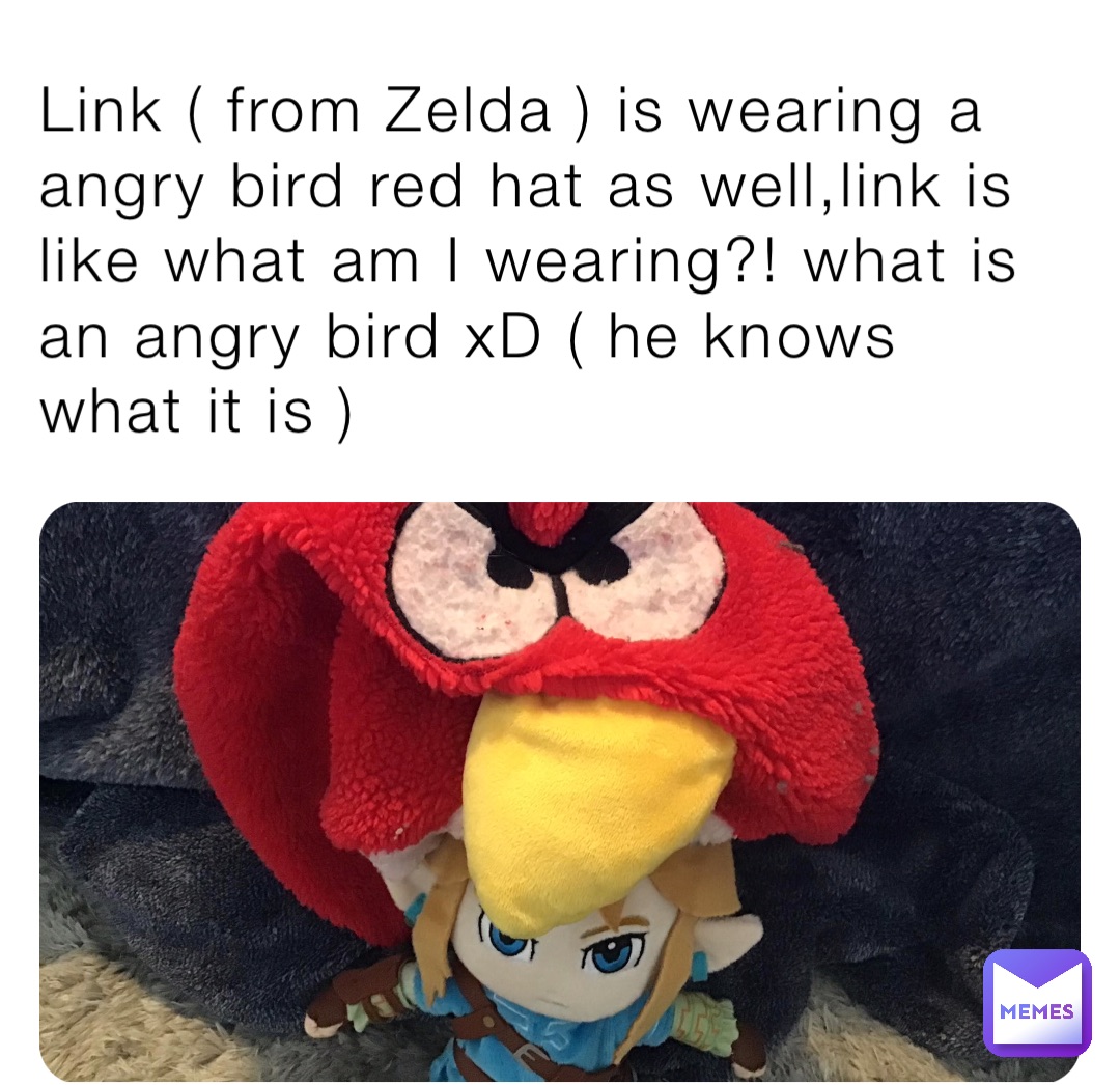 Link ( from Zelda ) is wearing a angry bird red hat as well,link is like what am I wearing?! what is an angry bird xD ( he knows what it is )