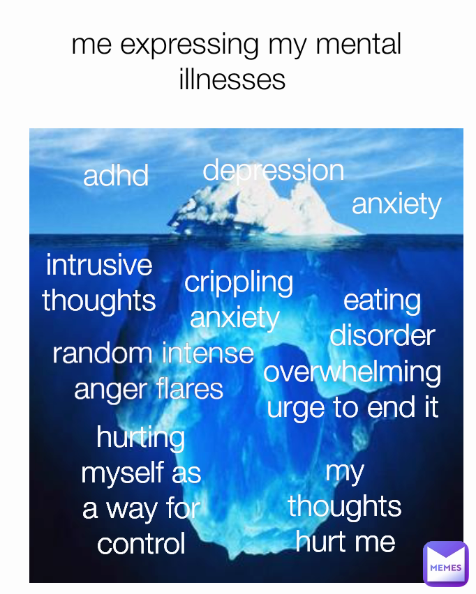 anxiety random intense anger flares  overwhelming urge to end it depression hurting myself as a way for control adhd crippling anxiety  me expressing my mental illnesses  intrusive thoughts deppression eating disorder my thoughts hurt me