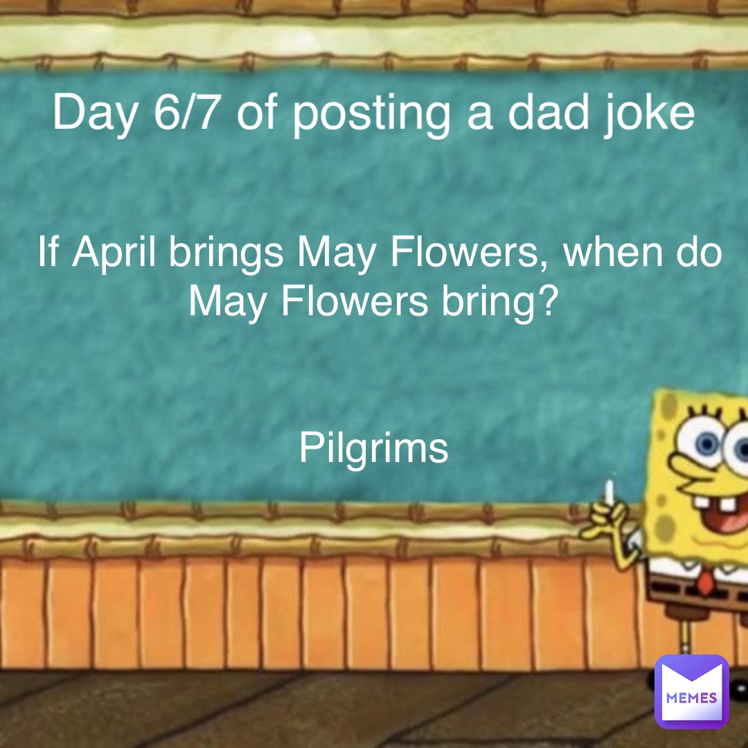 Day 6/7 of posting a dad joke If April brings May Flowers, when do May Flowers bring?


Pilgrims