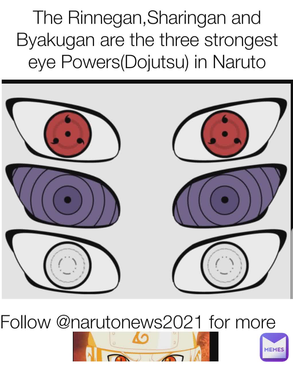 The Rinnegan,Sharingan and Byakugan are the three strongest eye Powers(Dojutsu) in Naruto Follow @narutonews2021 for more 