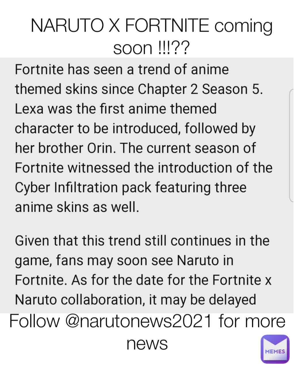NARUTO X FORTNITE coming soon !!!?? Follow @narutonews2021 for more news