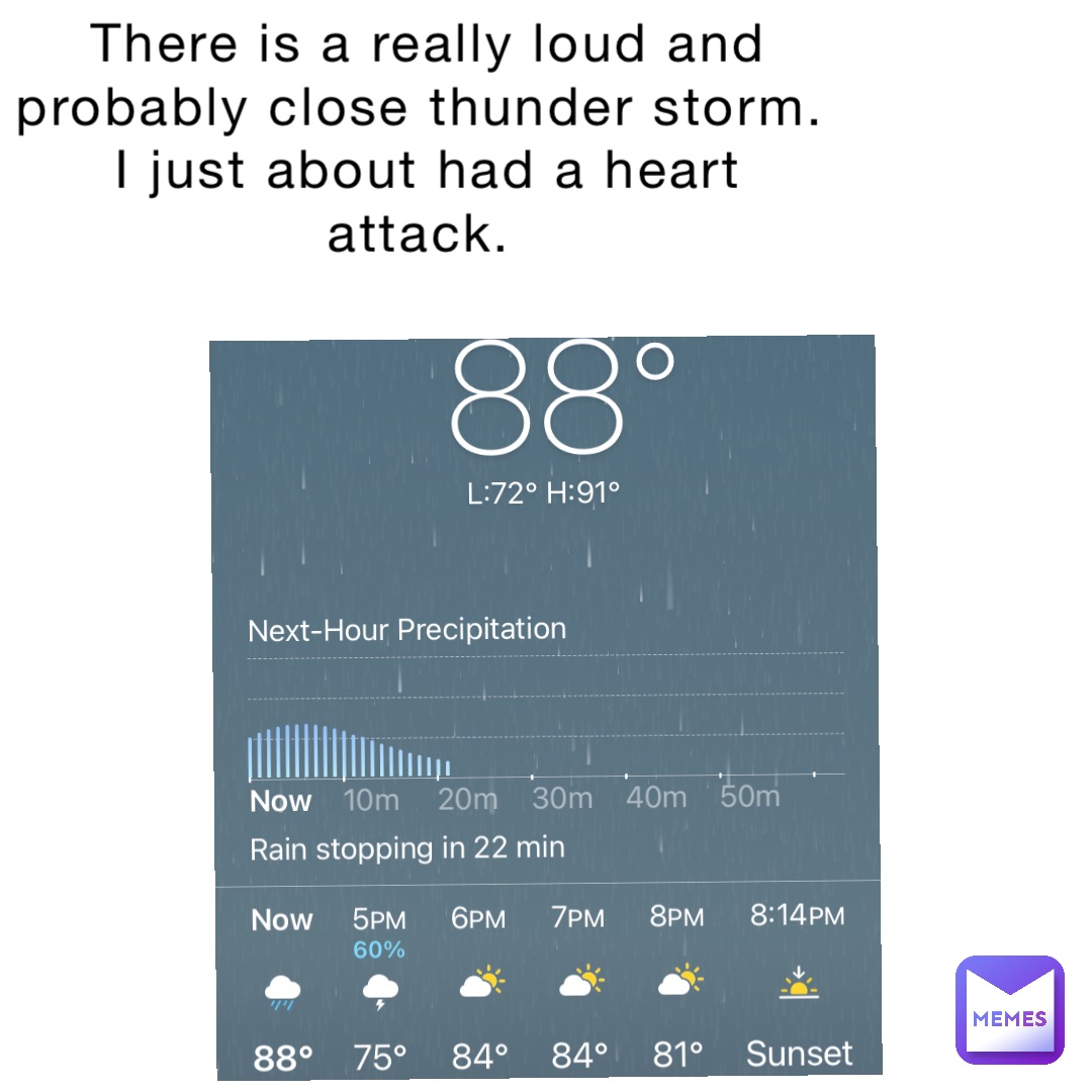 There is a really loud and probably close thunder storm. I just about had a heart attack.