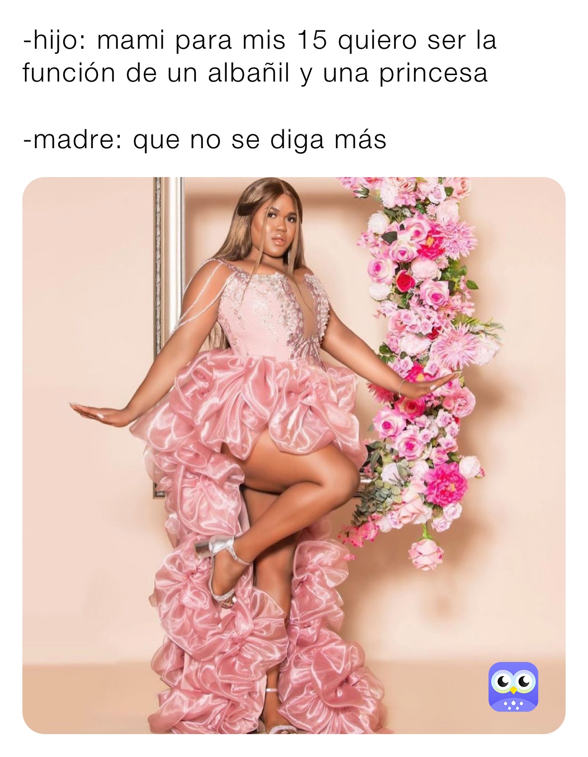 -hijo: mami para mis 15 quiero ser la función de un albañil y una princesa

-madre: que no se diga más 