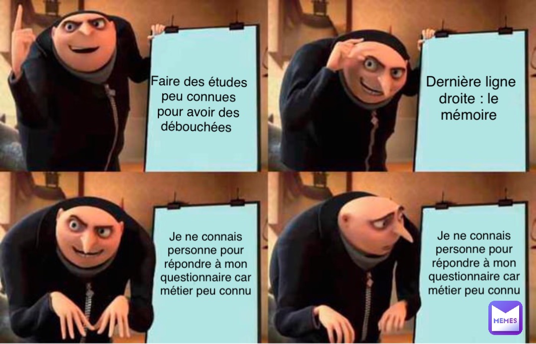 Faire des études 
peu connues 
pour avoir des 
débouchées Dernière ligne 
droite : le
mémoire Je ne connais
personne pour
répondre à mon
questionnaire car
métier peu connu Je ne connais
personne pour
répondre à mon
questionnaire car
métier peu connu