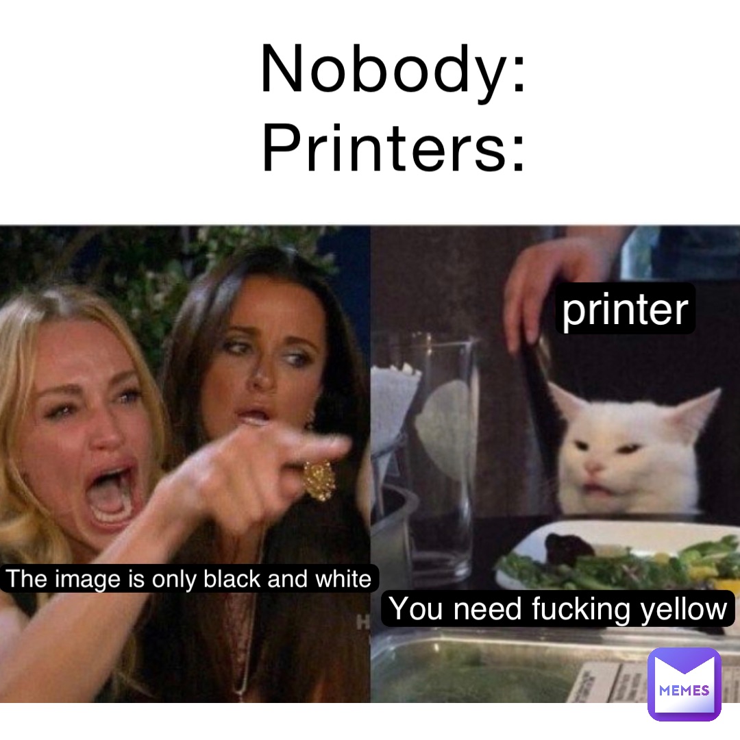 Nobody:
Printers: The image is only black and white printer You need fucking yellow