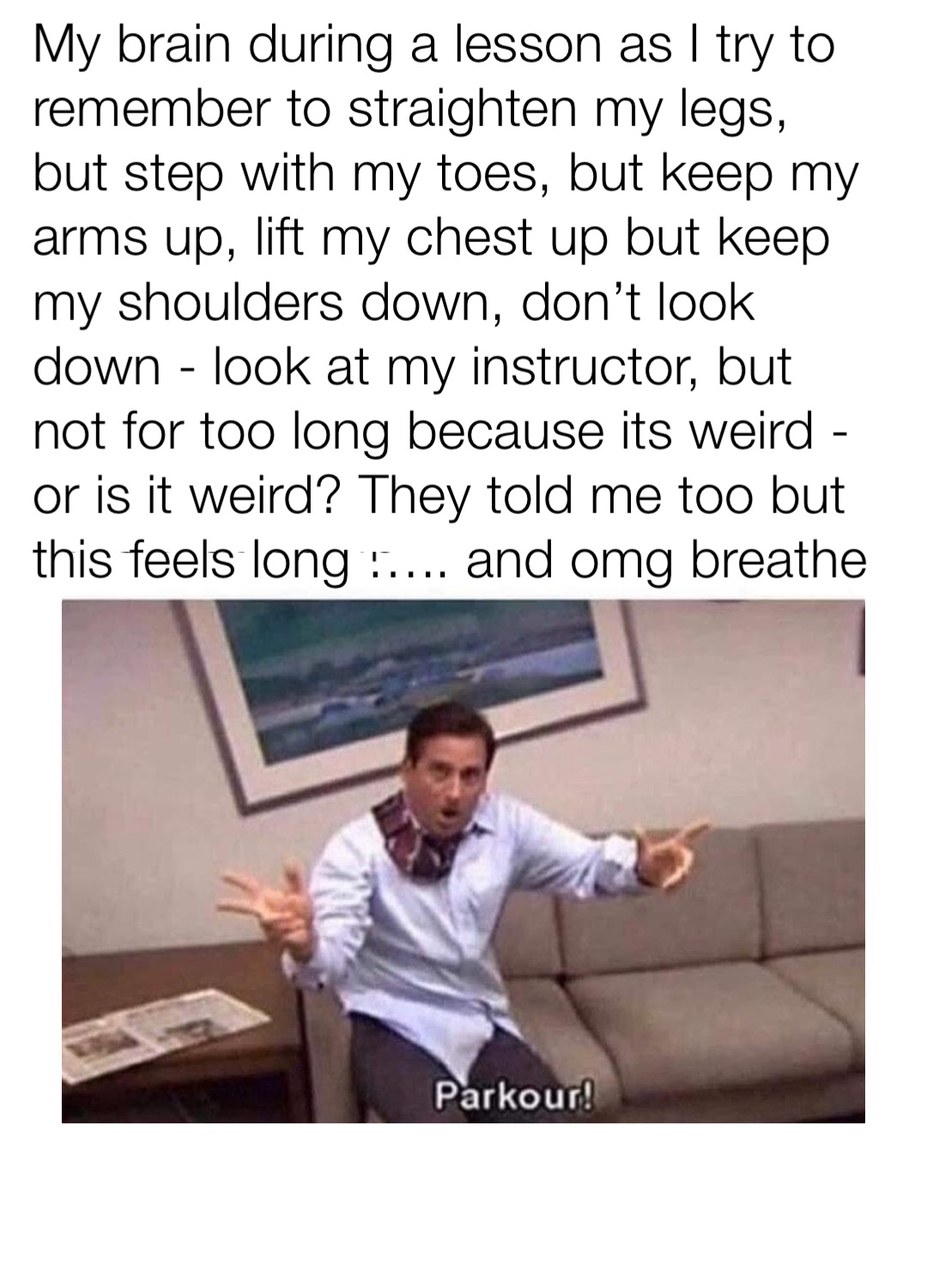 My brain during a lesson as I try to remember to straighten my legs, but step with my toes, but keep my arms up, lift my chest up but keep my shoulders down, don’t look down - look at my instructor, but not for too long because its weird - or is it weird? They told me too but this feels long ….. and omg breathe