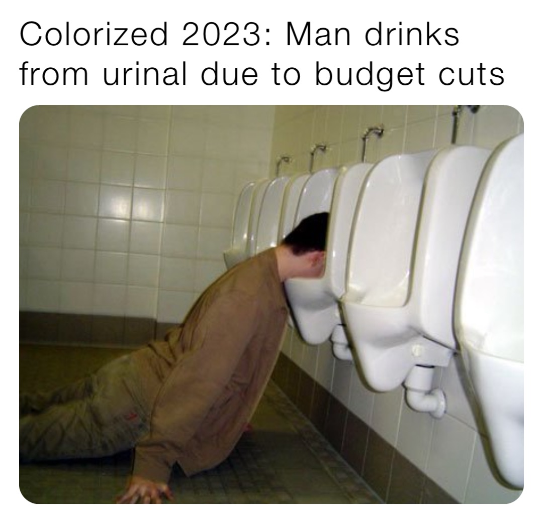 Colorized 2023: Man drinks from urinal due to budget cuts