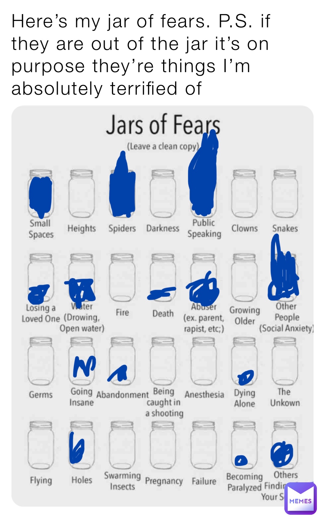 Here’s my jar of fears. P.S. if they are out of the jar it’s on purpose they’re things I’m absolutely terrified of